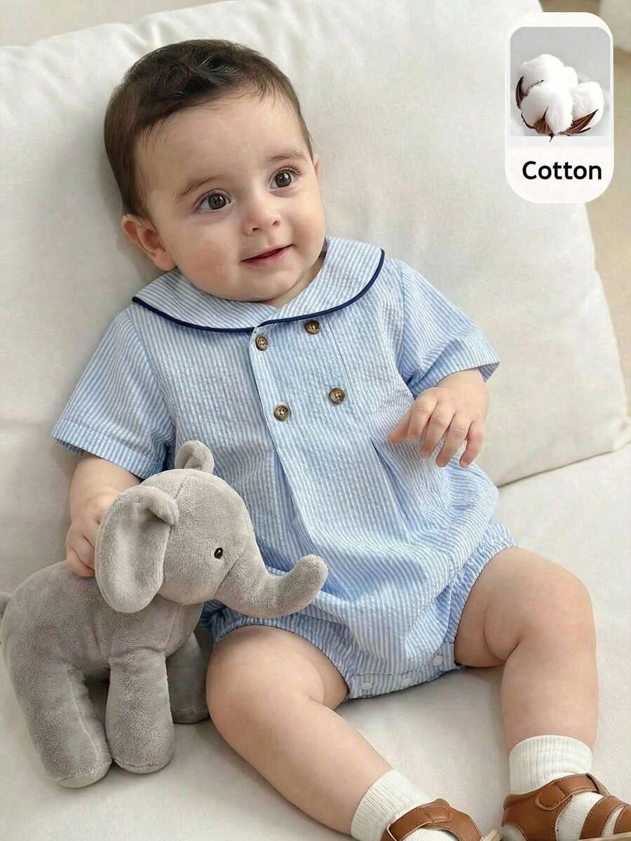 SHEIN Unisex Newborn Baby Boy/Girl Cute British Style Blue&White Striped Peter Pan Collar Short Sleeve Romper,Bodysuit,Spring/Summer Boy Summer Clothes - Blue - View 1