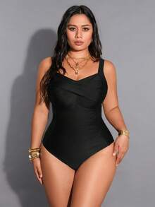 Shapewave 2026 Plus Size Women Solid Color Ruched One-Piece Swimsuit, Suitable For Summer Beach Vacation - Black - View 6
