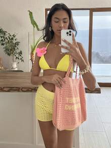 SHEIN Crochet Knit Tote Bag Beach Bag Shoulder Bag Shopper Bag Vacation Bag Summer Bag HollowOut Knit Bag - Yellow - View 1