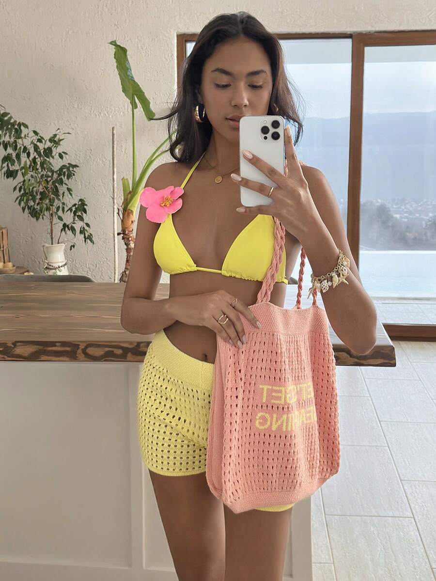 SHEIN Crochet Knit Tote Bag Beach Bag Shoulder Bag Shopper Bag Vacation Bag Summer Bag HollowOut Knit Bag - Yellow - View 1