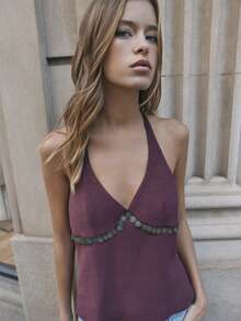 Nöista Halter Top Closing In Neck With Coins Detail Under Chest, Dark Brown Color. Summer Tops, Spring Outfit, Easter, Casual Look, Vacation. - Burgundy - View 6