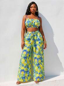 SHEIN SXY 大码柠檬印花无袖上衣和七分裤两件套，休闲假日装扮 - 彩色 - 查看 6