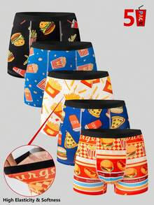 5pcs/Pack Teenage Boys' Hamburger & Fries Allover Print Boxer Briefs With Elastic Waistband,Casual Sports Underwear For College & High School Students - Multicolor - View 4