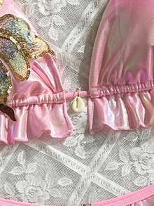 Swim Mod 女士花卉亮片荷叶边挂脖比基尼套装，夏季海滩度假 - 粉色 - 查看 7