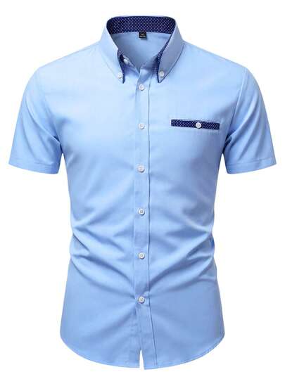 Manfinity Bizformal Men's Business Casual Contrast Color Collar Pocket Design Short Sleeve Shirt