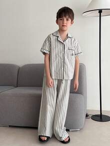 DAZY Tween Boy Striped Short Sleeve Single-Breasted Pocket Top And Pants Pajama Set - Grey - View 6