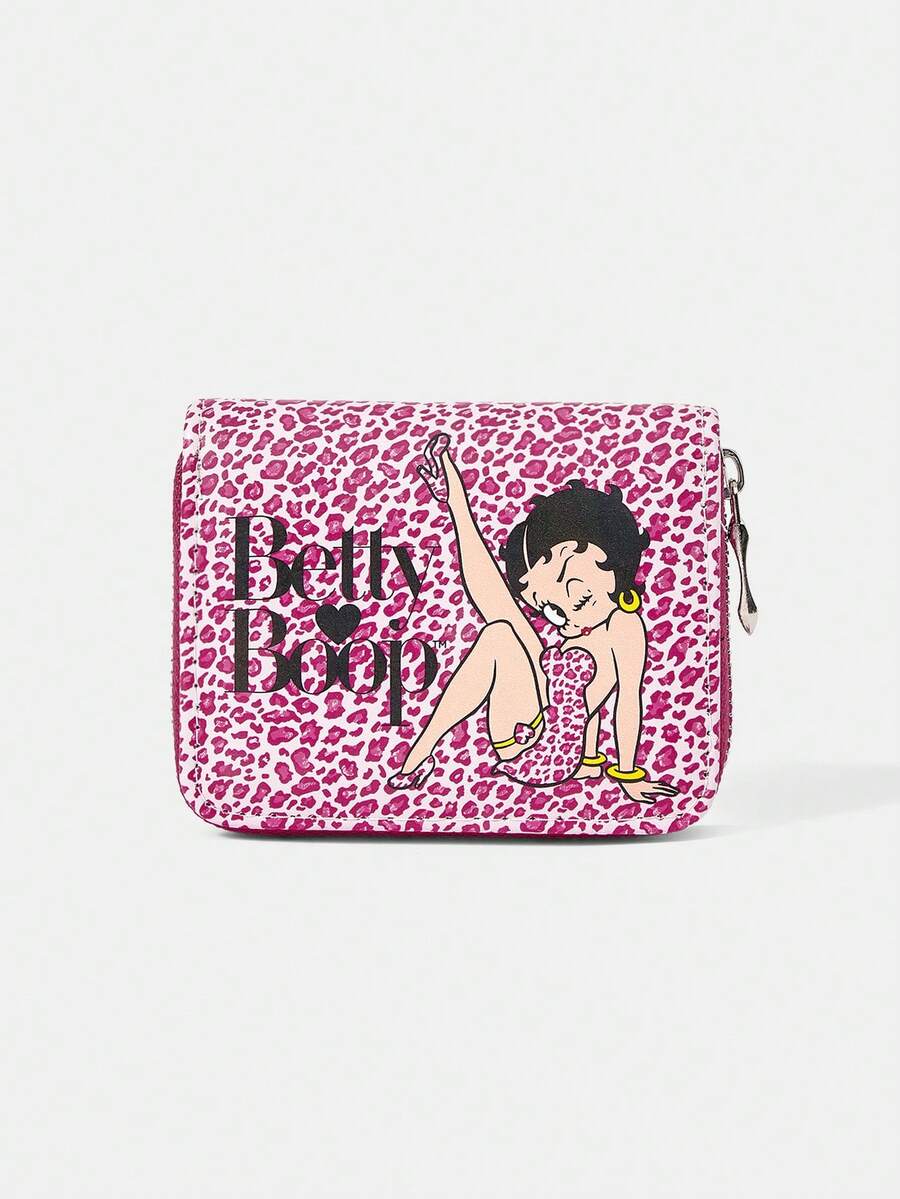 Betty Boop x SHEIN 1 chiếc, họa tiết da báo hồng, môi đỏ, ví ngắn, khóa kéo đơn giản, túi đựng tiền lẻ cho nữ. - Nhiều màu 2 - Xem 1