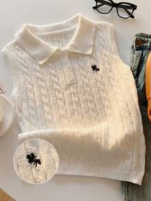 SHEIN EZwear Summer Tops  Women's Casual Sleeveless Knit Polo Shirt With Knight Pattern - White - View 1