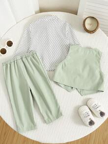 SHEIN 男婴优雅绅士套装，3件套，包括白色波点长袖Polo衫、浅绿色背心和裤子，适合复活节、婚礼、洗礼、一周岁生日、婴儿派对等场合。 - 綠色 - 查看 2