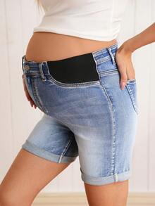 SHEIN Maternity Skinny Stretch Denim Shorts - Medium Wash - View 1