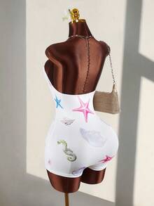 Amplova 2026 New Vacation Strapless Ocean Element Print Strapless Waist-Cinching Women's Jumpsuit - White - View 1