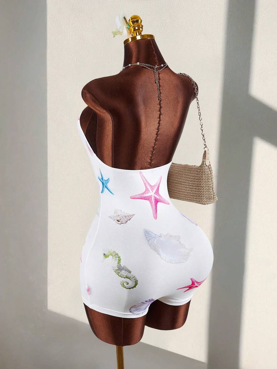 Amplova 2026 New Vacation Strapless Ocean Element Print Strapless Waist-Cinching Women's Jumpsuit - White - View 1