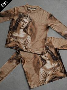 PAVTROS Men's Casual Portrait Graphic Round Neck Long Sleeve T-Shirt, Spring/Autumn Tan Graphic Tees Men Tattoo Shirt Men - Multicolor - View 3