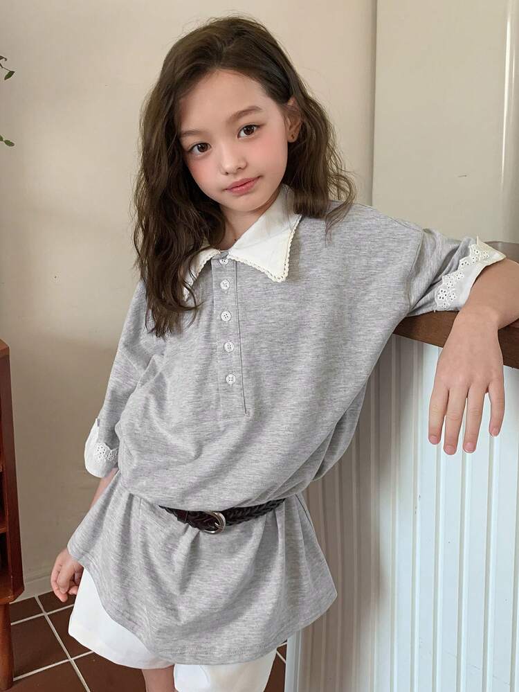 Tween Girl Contrast Color Collar Button Half Placket Drop Shoulder Casual T-Shirt