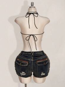 SHEIN ICON 夏季女士黑色哥特风露背性感蝴蝶水钻露背吊带上衣，适合外出、参加科切拉音乐节、夜店等场合，夏季 - 黑色 - 查看 2