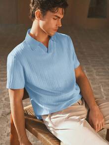 HIMLAND 男士梭织休闲宽松短袖POLO衫 - 淺藍色 - 查看 1