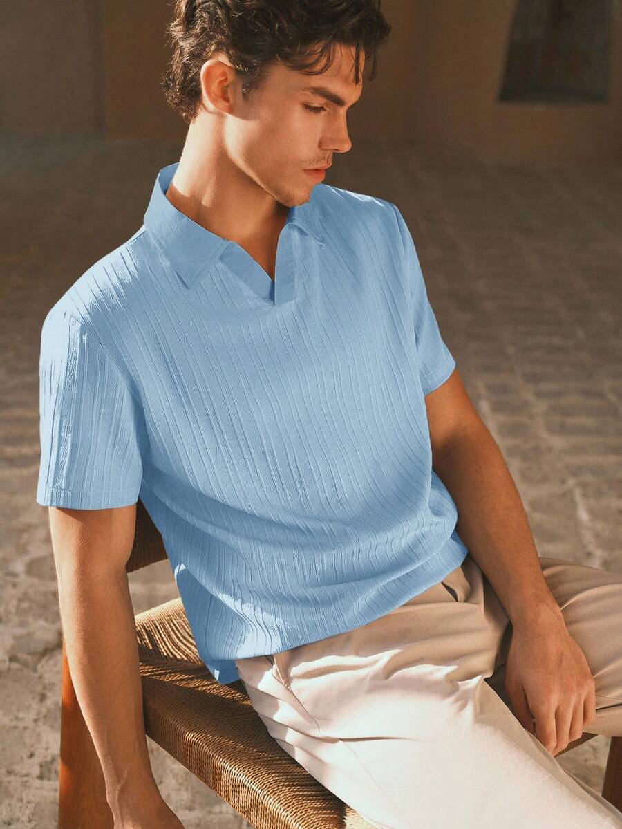 HIMLAND 男士梭织休闲宽松短袖POLO衫 - 淺藍色 - 查看 1