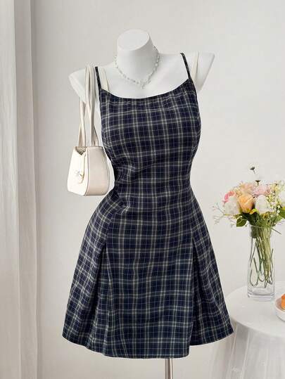 Sweetra Plaid Casual Fitted Camisole A-Line Mini Dress