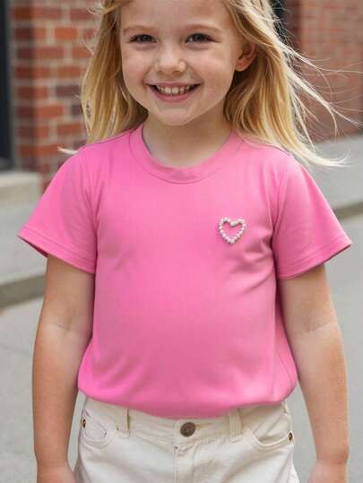 Young Girls Rose Summer Casual Beaded Heart Decor Solid Color Short Sleeve T-Shirt