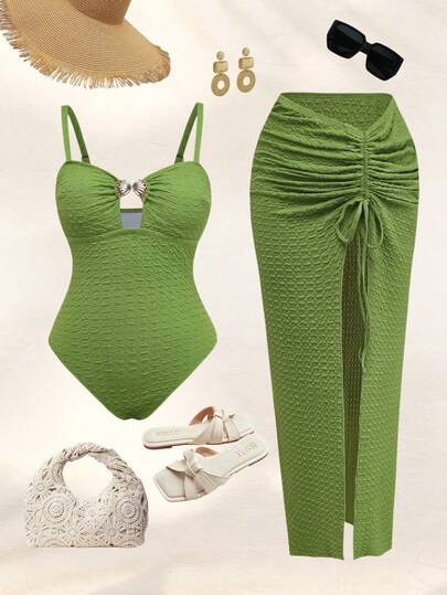 Swim Oasis Plus Size Women Solid Color Metal Decor One-Piece Swimsuit With Mini Skirt, Suitable For Beach Vacation, Pool Party, Beach Party