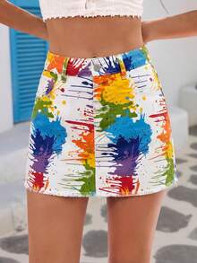 SHEIN ICON Women's Graffiti Pattern Pocket Button Casual Versatile Daily Wear Denim Mini Skirt - Multicolor - View 6