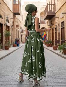 Elenzga Women Floral Print Crew Neck Sleeveless Top And Pleated Mini Skirt 2pcs Set, Fashionable - Army Green - View 2