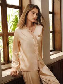 Guipure Lace Trim Satin Pajama Set, Fall Winter Clothes - Champagne - View 6