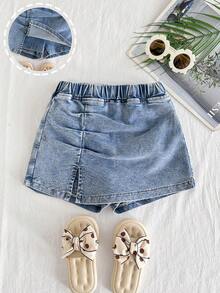 女童荷叶边侧开衩牛仔短裙，夏季轻盈新品，中度水洗牛仔蓝，休闲街头时尚设计，简约百搭的松紧腰侧开衩裙裤组合，柔软舒适的棉质牛仔面料，适合日常、派对、上学、通勤等各种场合，2026春夏新款 - 中等水洗藍 - 查看 2