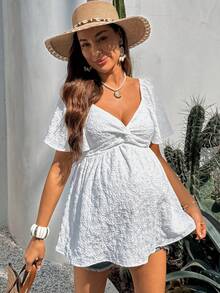 Boho Mama Áo ngủ kiểu babydoll màu trơn, thoải mái, dành cho bà bầu và đi nghỉ mát, hiệu Schiffy, cổ tim, kiểu xoắn phía trước, thích hợp cho mùa hè. - trắng - Xem 5