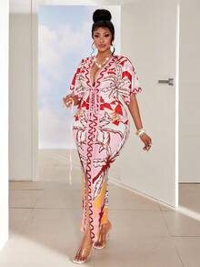 Maweii Deep V-Neck Fitted Bodycon Slit Dress, Plus Size - Pink - View 5