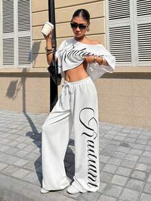 Muchica 女士休闲字母印花套装 - 白色 - 查看 7