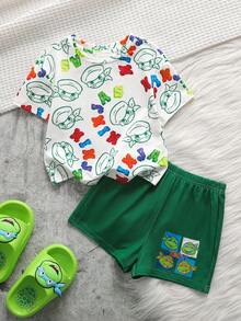 TEENAGE MUTANT NINJA TURTLES | SHEIN Set Piyama Bayi Laki-Laki Lengan Pendek dan Celana Pendek Motif Kartun - Hijau - View 1