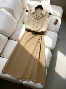 Elenzga 女士复古条纹无袖衬衫，单排纽扣腰部褶皱金属纽扣A字通勤优雅简约百搭两件套 - 卡其色 - 查看 3