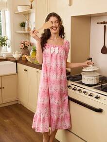 Floral Print Frill Trim Bow Detail Ruffle Hem Sleep Dress - Multicolor - View 3