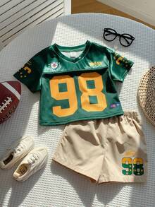 SHEIN 2pcs Baby Boy Fashionable Sporty Jersey Short Sleeve T-Shirt Set, Suitable For Spring/Summer Baby Sports Jerseys Boy Toddler Set Boy Summer Sets Boy Toddler Clothes - Green - View 8