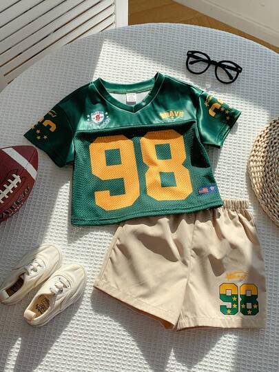 SHEIN 2pcs Baby Boy Fashionable Sporty Jersey Short Sleeve T-Shirt Set, Suitable For Spring/Summer