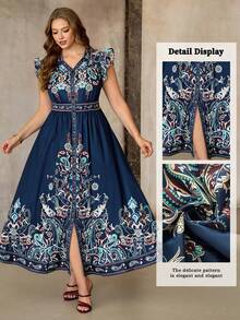Roveilla 大码女士优雅新款夏季度假短袖连衣裙，波西米亚风格，宽松长款连衣裙，数码印花连衣裙，适合度假外套，衬衫领连衣裙 - 藏蓝色 - 查看 1