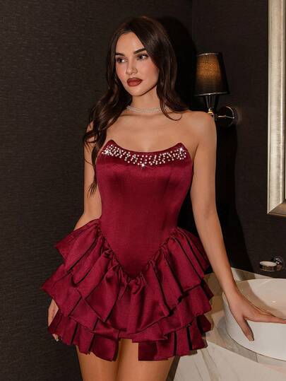 Poshira 女士水钻装饰荷叶边无肩带正式礼服（缀饰繁复）