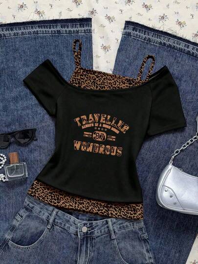 Attitoon Women's Casual Retro Colorblock Leopard Print Letter Graphic Short Sleeve T-Shirt, Grunge Vintage Chic, Y2K Style