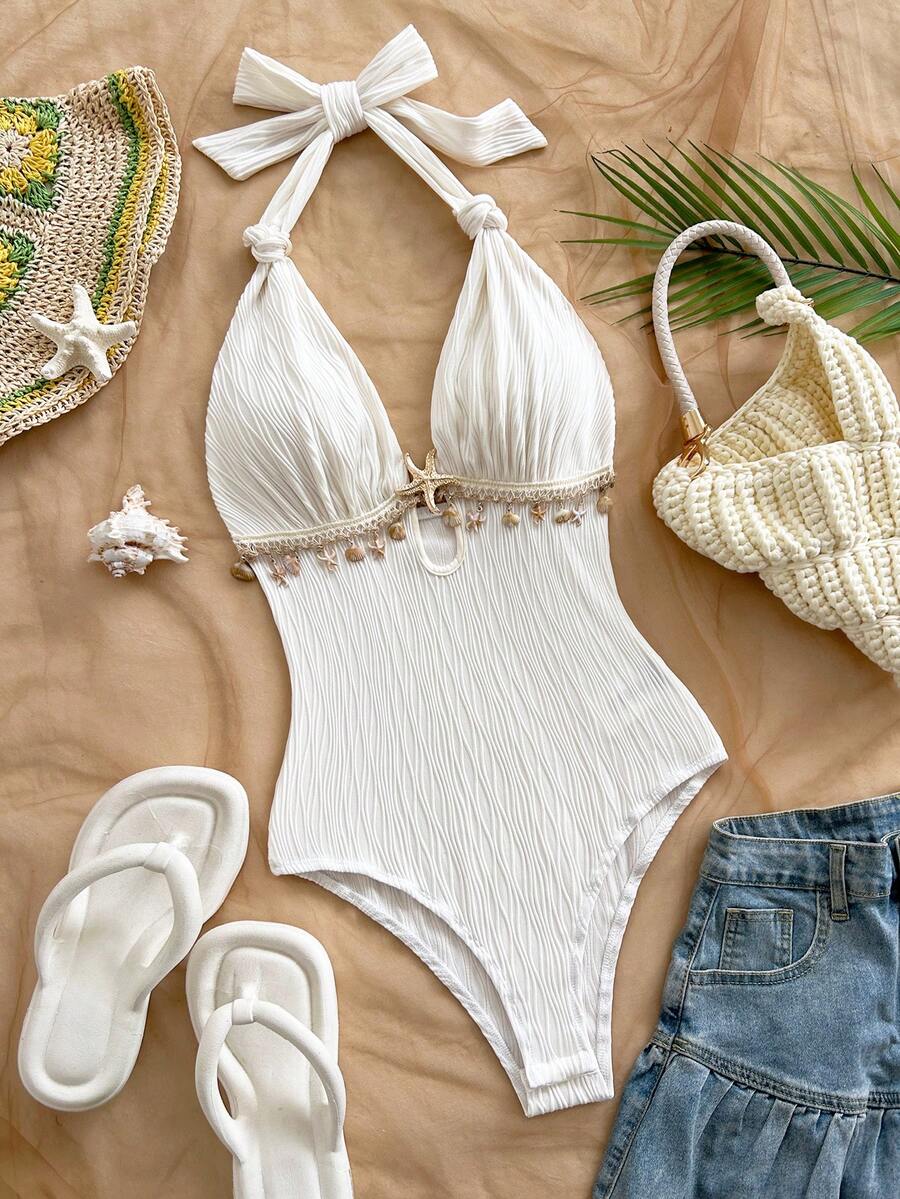 Soleia Nouveau body sexy à encolure en V avec décoration d'étoile de mer en métal, bretelles à lacets. Accessoires en métal, décoration de coquillage. Parfait pour les vacances à la plage, style bohème, boho, vacances, vintage, plage, croisière - Blanc - Voir 1