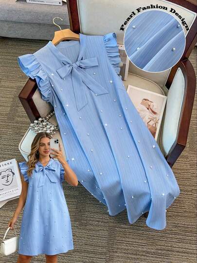 GlowEve CURVE 大码女式梭织纹理面料泡泡袖蝴蝶结领优雅短款连衣裙，春夏款