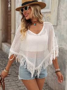 Brillora Suéter holgado de punto con diseño de poncho y flecos en el bajo, unicolor, para vacaciones de mujer - Albaricoque - Ver 4