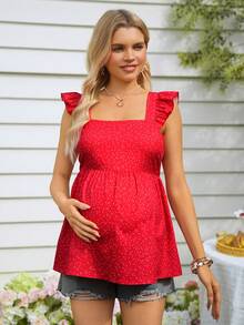 SHEIN Maternity Floral Print Ruffle Sleeve Tie Back Blouse - Red - View 2