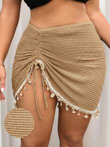 SHEIN Swim Vcay Plus Size Women Summer Beach Vacation Drawstring Ruched Starfish Shell Tassel Solid Color Special Texture Fabric Split Skirt - Khaki - View 2