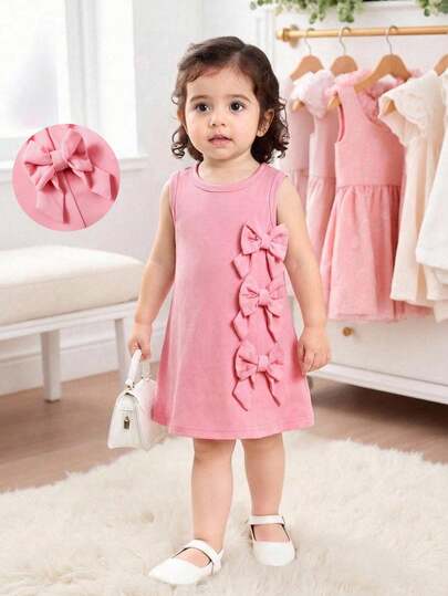SHEIN 女婴无袖针织连衣裙，休闲日常连衣裙，带蝴蝶结装饰，夏季