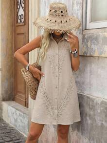 Brillora 女士休闲浪漫蕾丝拼接雪纺迷你连衣裙，适合春夏穿着 - 杏色 - 查看 10