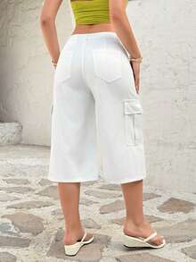 Rivivi Fashionable Low-Waist Carpenter Pocket Washed 7/8 Casual Jeans - White - View 2