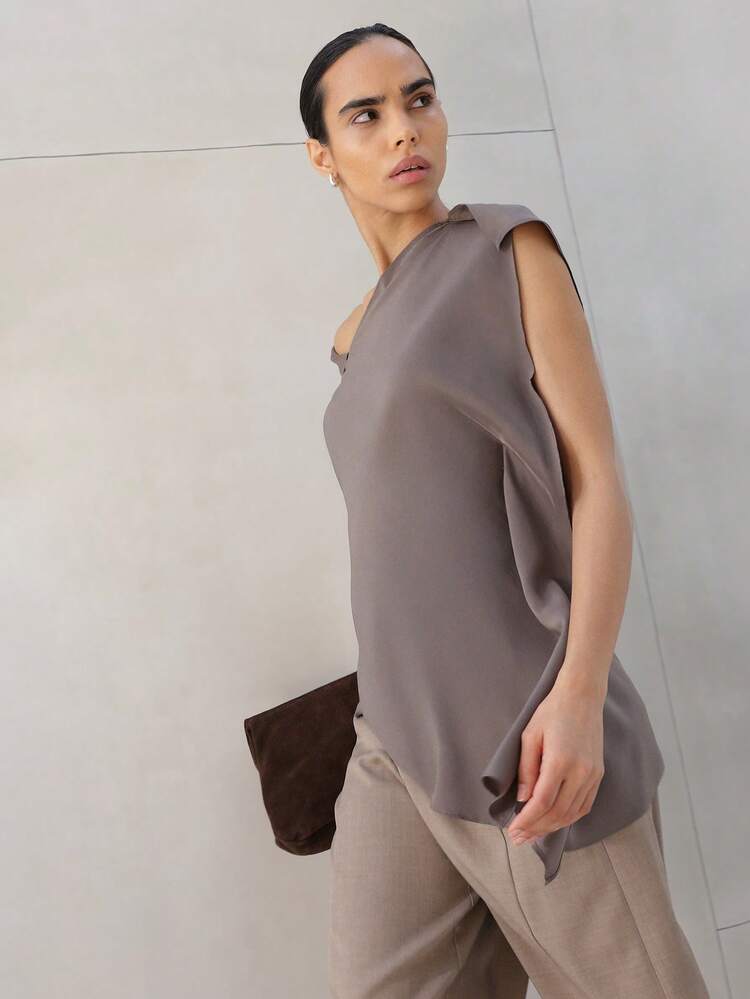 KSTM Women Asymmetric Off Shoulder Top With Short Sleeves And Contemporary Draping Detail For Modern Casual Styling