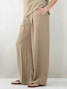 KSTM Women Linen Wide Leg Pants With Tie Belt Detail High Waist Palazzo Trousers Summer Casual Flowy Bottoms - Camel - View 5