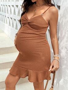 SHEIN Brown Maternity Dress With A Knotted Front And Ruffled Hem, Featuring An Irregular Hem; Perfect For Summer Vacations. - Khaki - View 5